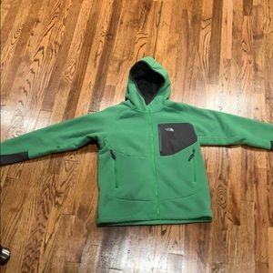 Green and grey north face coat